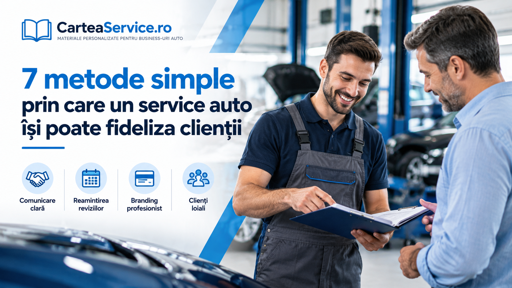 Mecanic auto care discută cu un client despre revizia mașinii